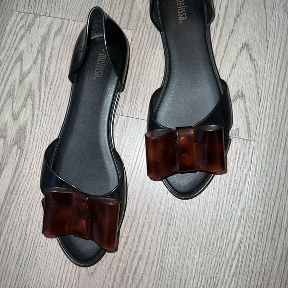 Melissa Seduction Womens 6 Black Brown Gold Jelly D'orsay Bow Peep Toe Flat Shoe - Picture 1 of 2